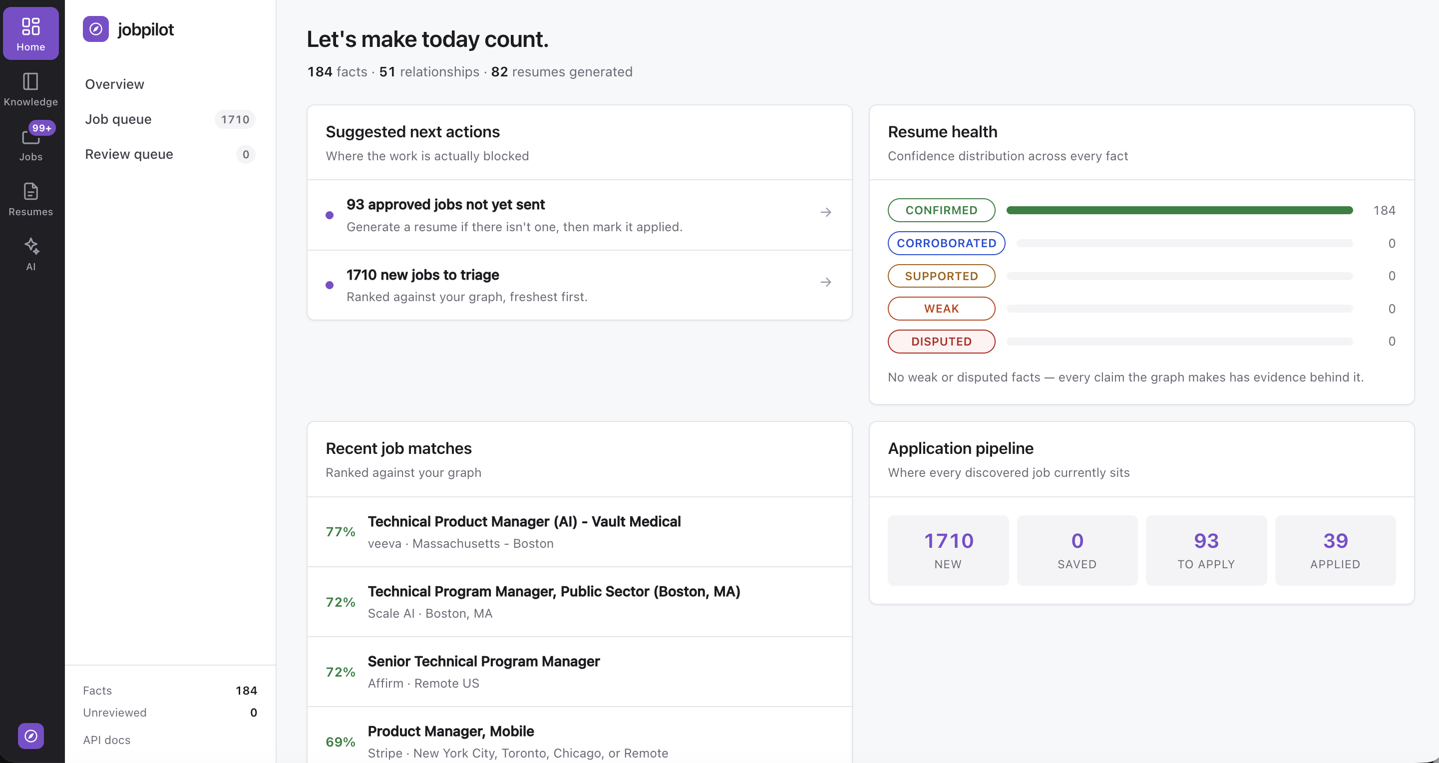 jobpilot dashboard showing suggested actions, evidence confidence, job matches, and the application pipeline
